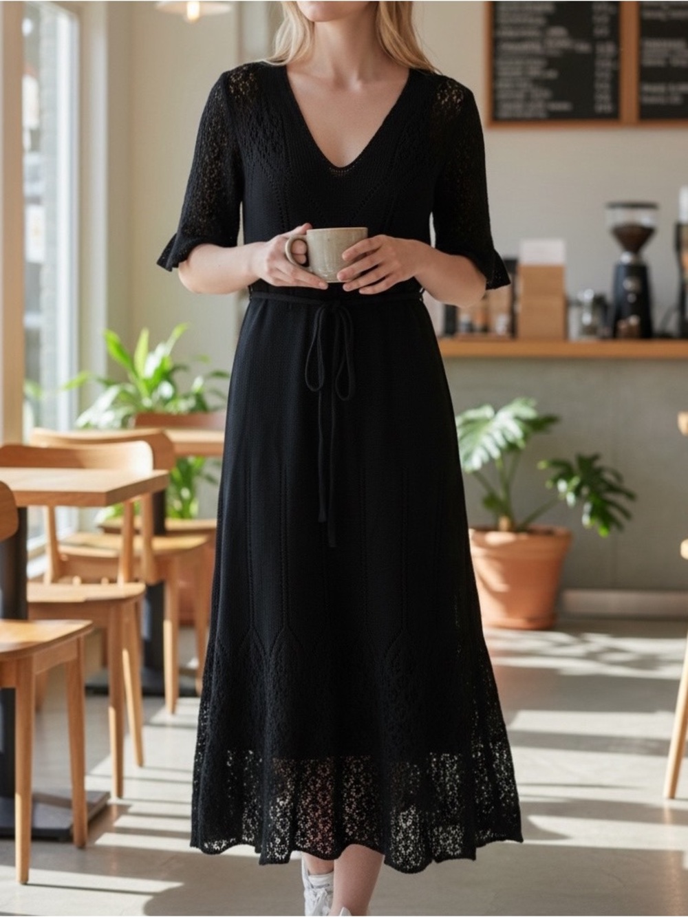 Banana Republic Crochet Lace Midi Black Dress With Liner Women’s Small NWOT